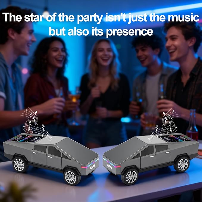 Futuristic Pickup Truck Bluetooth Speaker with LED Display Screen – TWS Stereo, FM Radio, USB/TF Playback, LED Headlights, Built-in Mic, Gift for Truck Fans, Auto Style Lovers&Tech Collectors (Gray)