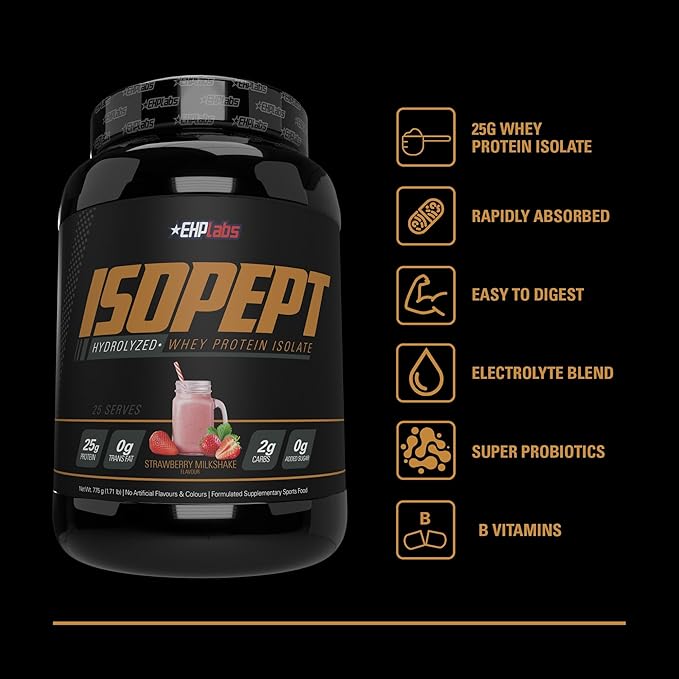 IsoPept Hydrolyzed Whey Protein Powder by EHPlabs - 100% Whey Protein Isolate & Hydrolysate, 27g of Protein, Non-GMO, Gluten Free, Fast Absorbing, Easy Digesting, 27 Serves (Strawberry Milkshake)