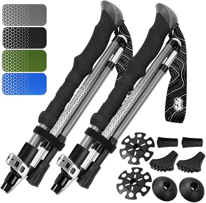 Premium Foldable Hiking Poles by USA Brand - Adjustable, Lightweight Trekking Poles Made of Aircraft Aluminum, Metal Flip Locks & Comfortable Real Cork and EVA Foam Grips