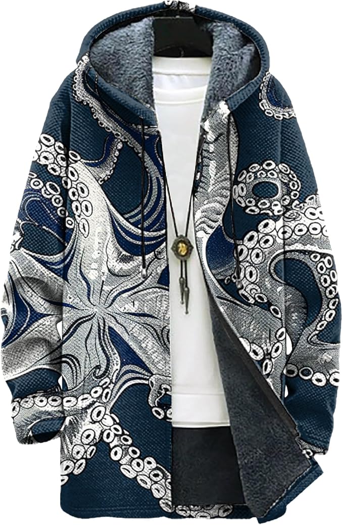 MARSVOVO Long Hooded Cardigan Men Japanese Art Style Fashion Cool Graphic Streetwear Winter Warm Lined Fleece Jacket