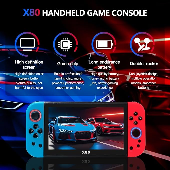 X80 7-Inch All-in-One Retro Game Console with 20000+ Games, Portable Handheld & HDMI TV Output, 2-Player Arcade System, Multimedia Player (Red/Blue)