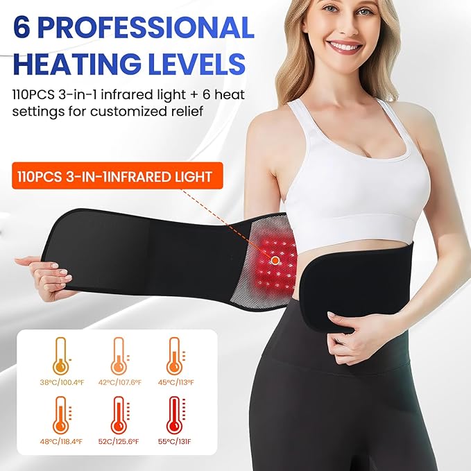 Cordless Back Massager Belt, Red Light Therapy Back Massager with 6 Heat, 6 Vibration for Pain Relief Deep Tissue, 4 Motors with Heating Pad for Back, Gifts for Women Men Mom Dad