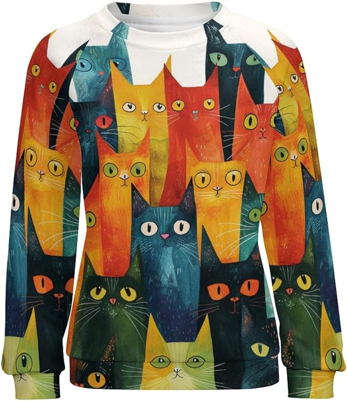 Fall Sweaters for Women 2024 Cat Print Long Sleeve Casual Crewneck Warm Fall Pullover Comfy Fashion Sweatshirts