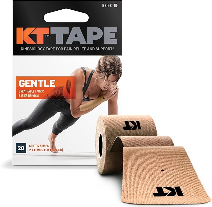 KT Tape, Kinesiology Athletic Tape, Gentle Adhesive for Sensitive Skin, 20 Count, 10" Precut Strips, Beige