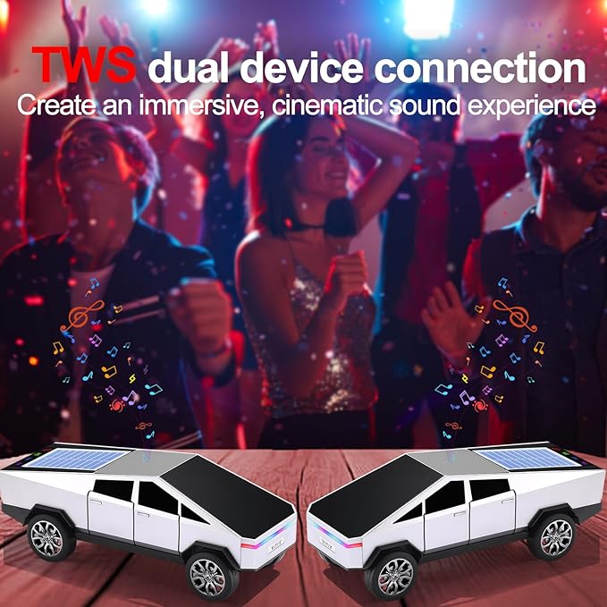 Solar-Powered car-Shaped Bluetooth Speaker, Portable Wireless Stereo, high-Definition Sound Quality, TWS Dual-Ear Pairing, Truck-Shaped Speaker, Suitable for Home, Office and Gift (Silver)