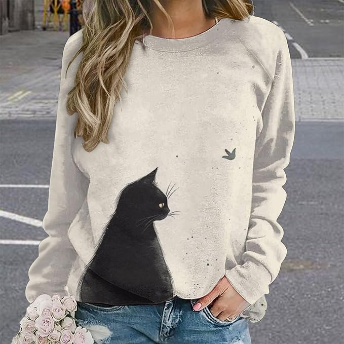 Long Sleeve Shirts for Women Cat Printed Fall Winter Dressy Holiday Casual Fashion Crewneck Tunic Tee Shirts