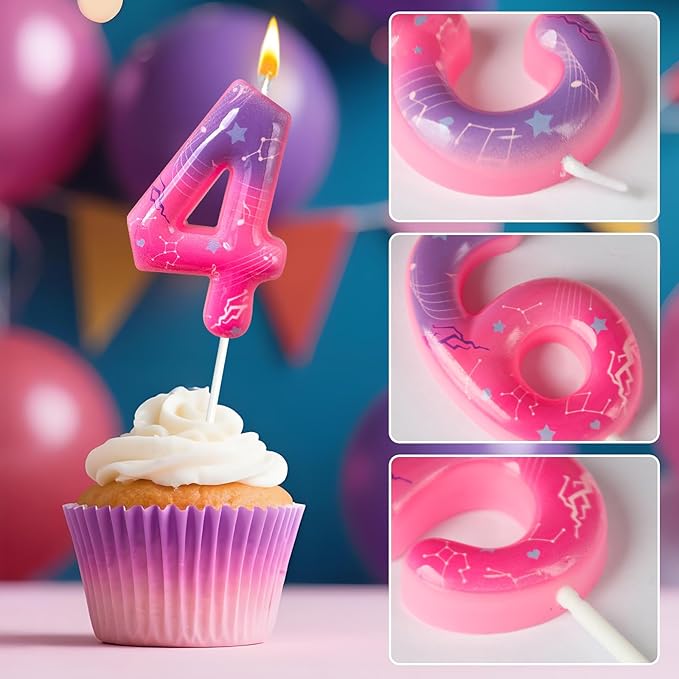 Lurevian K-pop Pink Purple Number Birthday Candle – Trendy Cake Decoration for Themed Parties, Sparkly Gradient Cake Topper for Girls Birthday Party Decoration for Teens（Number 4）