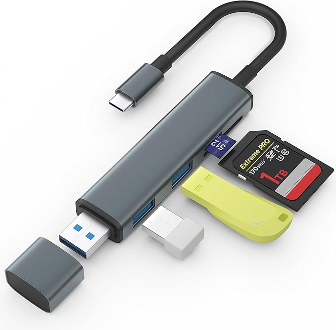 USB 3.0 SD Card Reader with Dual USB Ports, USB C SD Card Reader for iPhone 15/iPad/Mac 4 Ports Read and Write Simultaneously Memory Card Adapter for MacBook Pro/Air iMac Android S23 S22