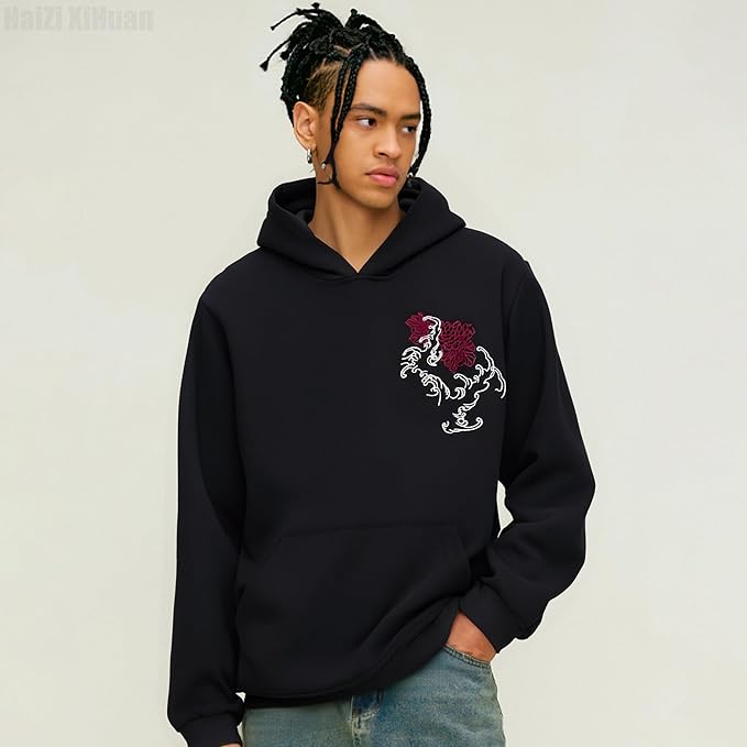 Streetwear Men's Dragon Embroidered Heavyweight Graphic Hoodies Japanese Techwear baggy Anime Hoodie
