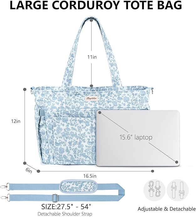 Corduroy Tote Bag for Women, 17 Pockets Laptop Work Tote Lightweight Teacher Nurse Bible Shoulder Bag for School Daily Travel