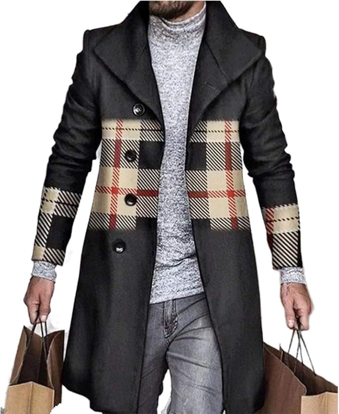 Men's Plaid Long Trench Coat Mid - Length Lapel Collar Button Down Warm Overcoat for Winter & Autumn Fashion