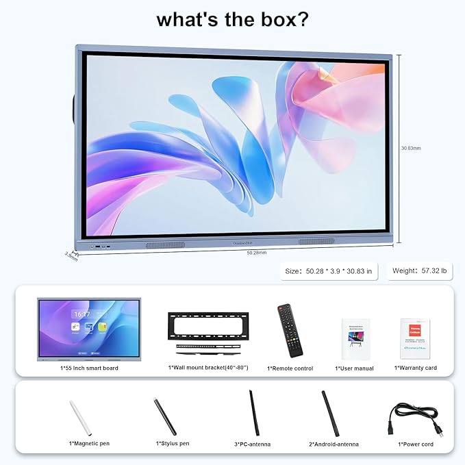 55" Smart Board, 4K Digital Whiteboard with Dual System (Android/Windows), Interactive Whiteboard, Smart Board for Classroom, Office & Home (Wall Mount Included)