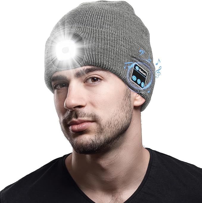 CENSGO Bluetooth Beanie with The Light, Unique Tech Gifts for Men Husband Him Teen, Wireless Headphones for Fishing Jogging Working, Christmas Stocking Grey
