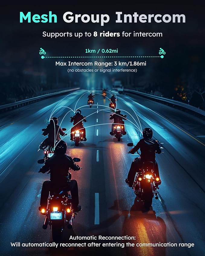 S1 Motorcycle Bluetooth Headset, Mesh Helmet Communication System, Smart Voice Control/Noise Cancellation/Waterproof/FOTA Update, 8 Riders FM Radio Intercom Fit for Snowmobile/ATV, 2 Pack(Blue)