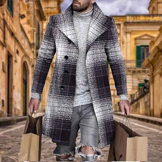 Men's Plaid Long Trench Coat Mid - Length Lapel Collar Button Down Warm Overcoat for Winter & Autumn Fashion