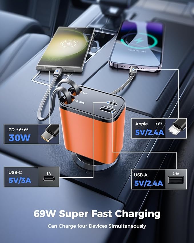 [2024 Upgraded] 4 in 1 Retractable Car Charger, SUPERONE Smaller Fast Car Phone Charger 69W with Cord, USB C and iPhone Car Charger Adapter, Compatible iPhone 17/17 Pro Max/16/15/14/13/12/11, Sumsung