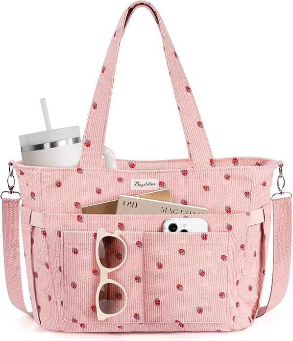 Corduroy Tote Bag for Women, 17 Pockets Laptop Work Tote Lightweight Teacher Nurse Bible Shoulder Bag for School Daily Travel