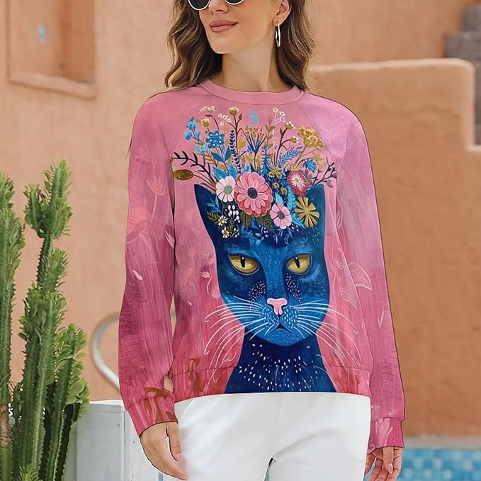 Sweatshirt for Women Cat Print Fashion Funny Plus Size Ladies Dressy Crewneck Casual Trendy Tee Shirts