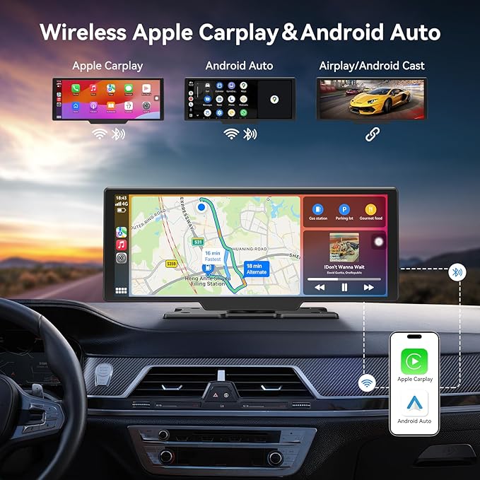 Portable Apple Carplay Screen for Car, 10.26" Wireless Car Play Touchscreen with 4K Dash Cam, 1080P Backup Camera, Carplay&Android Auto, Loop Recording, GPS Navigation, Bluetooth