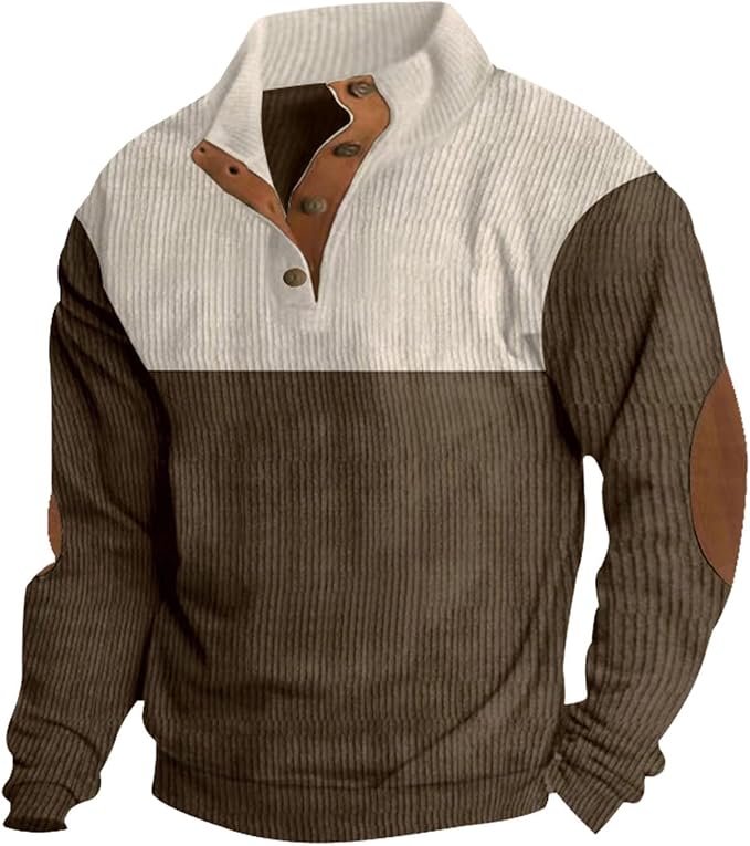 Men's Quarter Button Quilted Sweatshirt Classic Long Sleeve Elbow Patches Stand Collar Color Block Sweatshirts