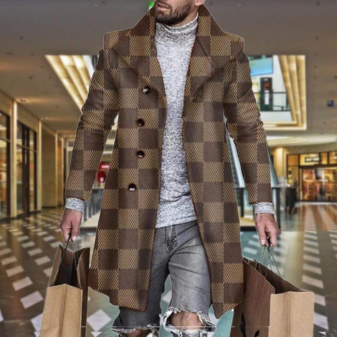 Men's Plaid Long Trench Coat Mid - Length Lapel Collar Button Down Warm Overcoat for Winter & Autumn Fashion