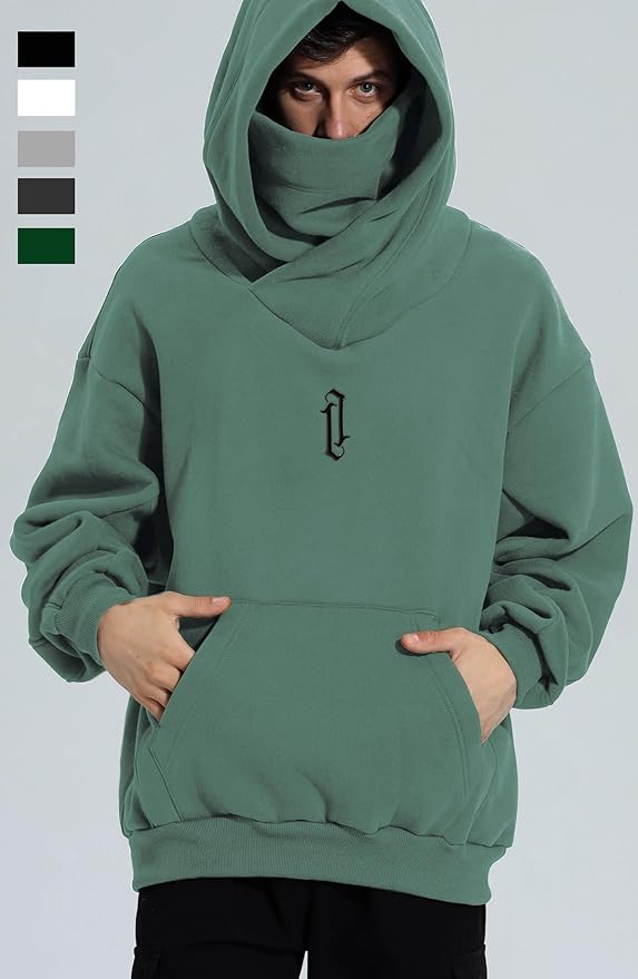 Fleece Hoodies for Men Cowl Neck Sweatshirts Hood with neck Gaiter Casual Pullover Fall Winter with Embroidery