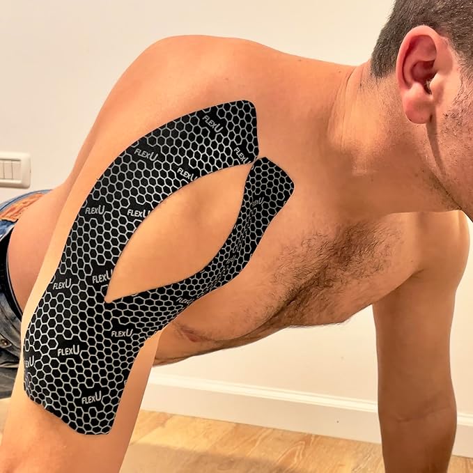 FlexU Kinesiology Tape - 60 2" x 10" Pre-Cut Strips for Lower Back, Knees, & Shoulders; Pain Relief & Support for Muscles & Joints, Shoulders, Knees & Back, Rheumatism, Gout, Osteoporosis (Blue)