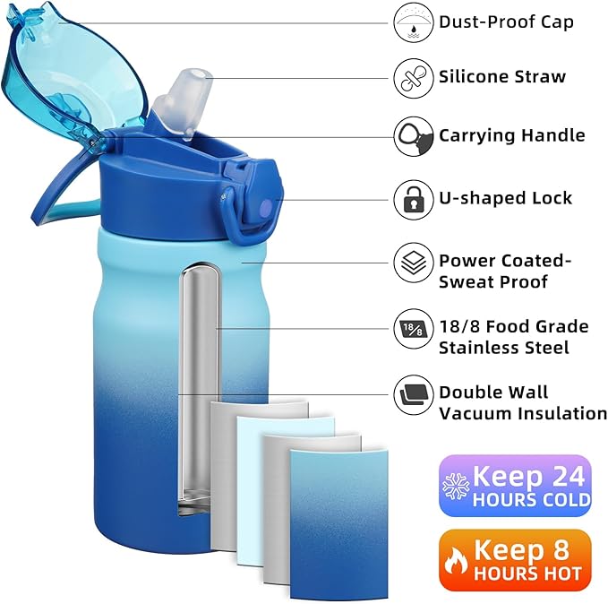 BJPKPK 14oz Insulated Water Bottle with Straw Stainless Steel Double Wall Water Bottles BPA Free Leak Proof Thermal Flask with Lockable Flip Lid and Soft Silicone Spout,Sky