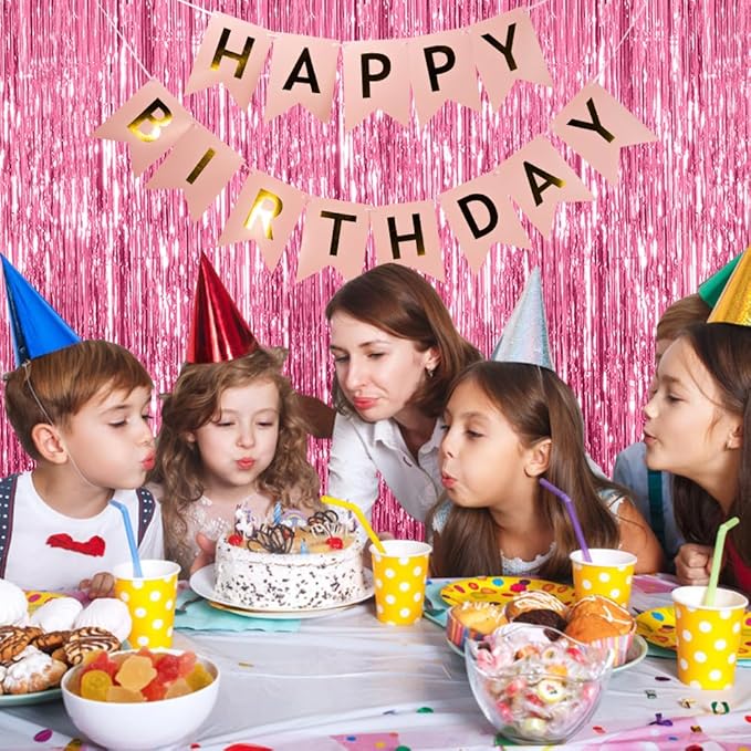 BOMSI 5 Pack Pink Tinsel Curtain Party Backdrop Foil Fringe Birthday Photo Booth Streamer Backdrop Theme Decorations