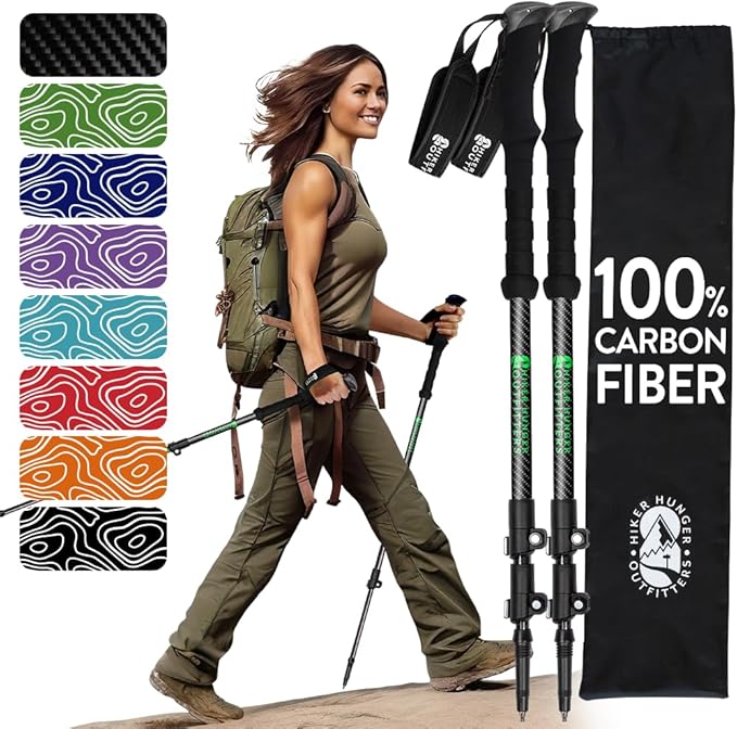 100% Carbon Fiber Trekking Poles by USA Brand - Ultra Strong Lightweight Collapsible Hiking Poles with Cork and EVA Foam Grips & Quick Adjustable Flip Locks