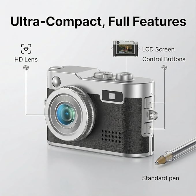 1080P FHD Mini Keychain Camera - Retro Digital Micro Camera, Tiny Pocket-Sized Portable Video Recorder with 16GB Memory Card & OTG Adapters for Travel, Study & Daily Recording