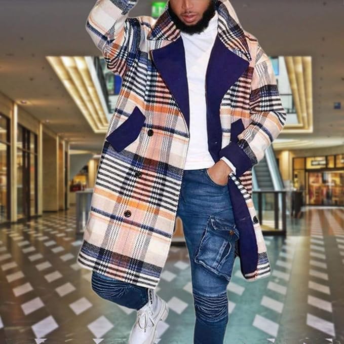 Men's Plaid Long Trench Coat Mid - Length Lapel Collar Button Down Warm Overcoat for Winter & Autumn Fashion
