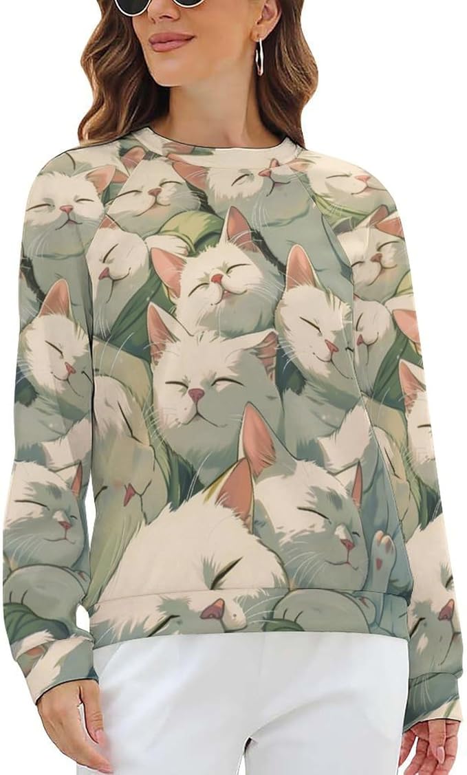 Long Sleeve Shirt Women Fall Cat Print Funny Hide Belly Vacation Plus Size Ladies Hippie Dressy Sweaters