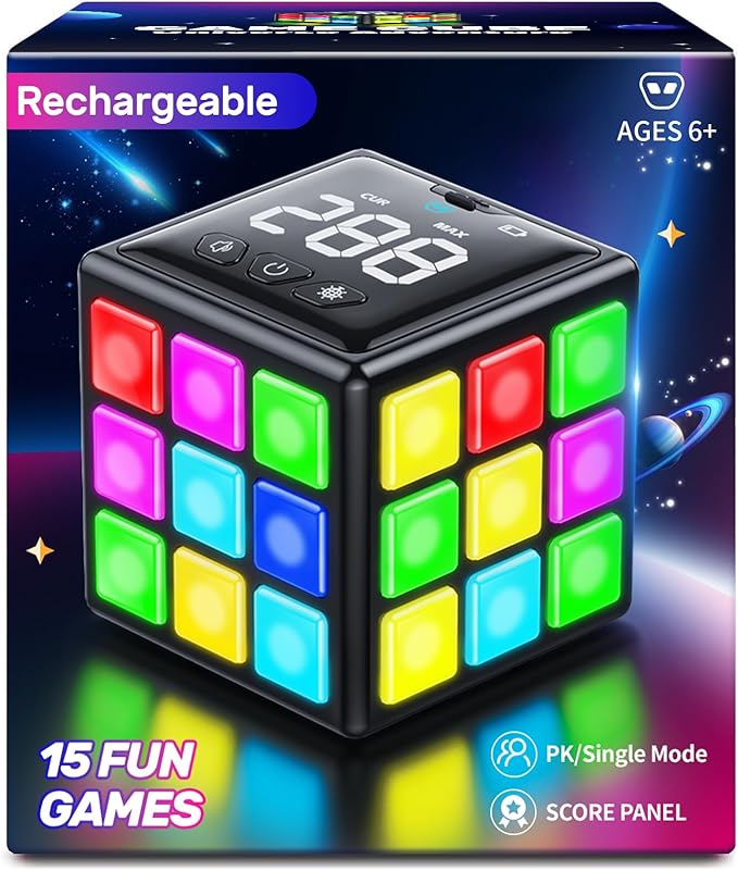 Rechargeable Game Cube - 15-in-1 Fun Brain Memory & Speed Games for Kids - Christmas Easter Birthday Gifts for Boys Girls Ages 6-12+ Years Old - Toys for Kids Teens with Score Screen (Black)