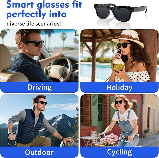 Al Smart Glasses with ChatGPT&800W Camera Video Recording,Sunglasses for Real-TimeTranslation, MusicControl, ElS Stabilization|WiFi/Bluetooth 5.3 Smart Eyewear for Travel, Meeting