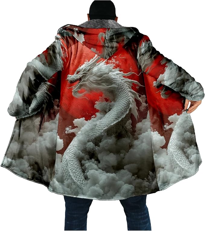 Mens Hooded Cardigan Japanese Art Zip Up Long Sleeve Sweater Hoodie Dragon Print Coat with Pockets