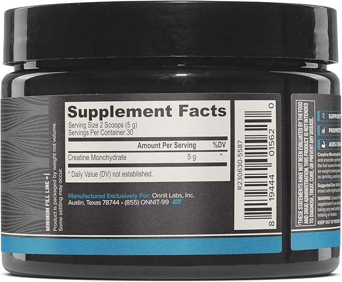 ONNIT Creatine Monohydrate Powder, IGEN(TM) Non-GMO Tested 5g Premium Creatine for Muscle Strength, Power and Lean Mass, Supports Brain Health, Brain Cellular Energy, Unflavored, 30 Servings, 5.29 oz