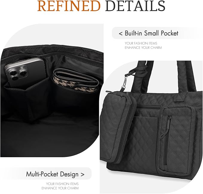 Tote Bag for Women Purses and Weekender Bags Quilted Shoulder Bags 2PCS with Zipper