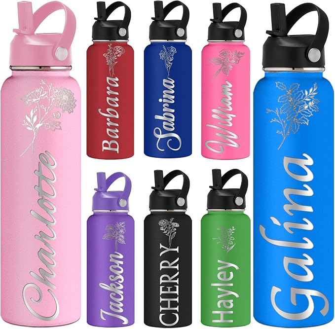 kioskbanks Custom Water Bottle 12/18/24/32/40oz Personalized Kids Engraved Name Stainless Steel with Straw Lid