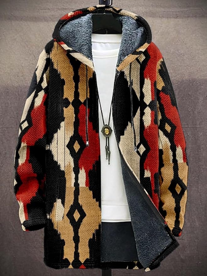 2025 Men's Ethnic Pattern Hooded Jacket Long Cardigan Hoodies Full Zip Vintage Knitted Zipper Coat with Pocket