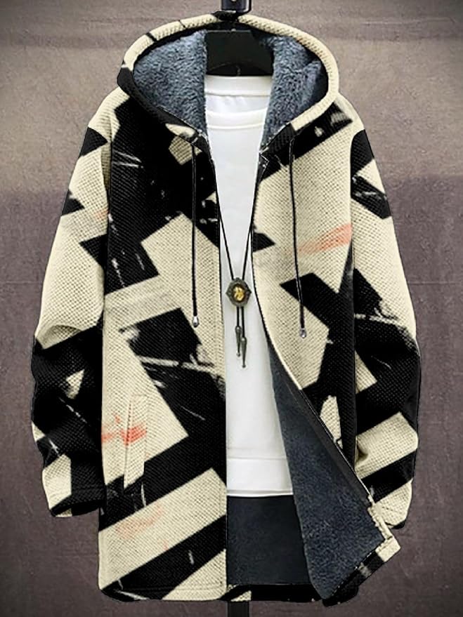 2025 Men's Ethnic Pattern Hooded Jacket Long Cardigan Hoodies Full Zip Vintage Knitted Zipper Coat with Pocket
