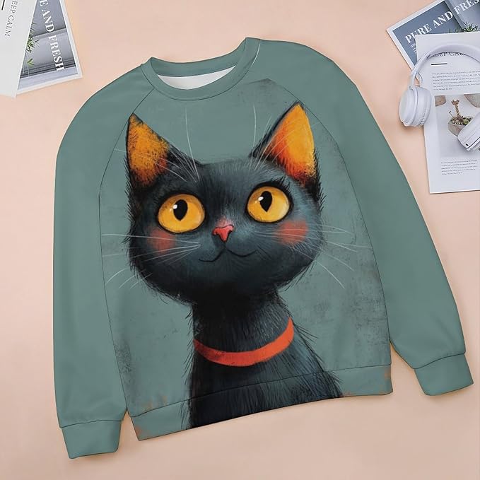 Long Sleeve Shirts for Women Cat Printed Fall Winter Dressy Holiday Casual Fashion Crewneck Tunic Tee Shirts