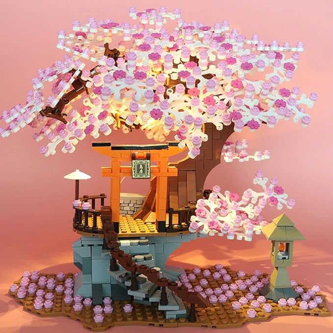 Sakura Tree House Lights Building Kit,City Architecture Inari Shrine Building Blocks Sets,for Adults,or Aged 12+ Boys Girls (1103 Pieces)
