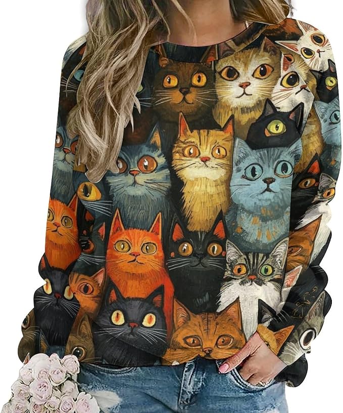 Fall Sweaters for Women 2024 Cat Print Long Sleeve Casual Crewneck Warm Fall Pullover Comfy Fashion Sweatshirts