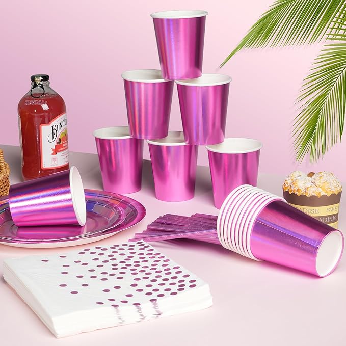 Iridescent Pink Party Supplies Decorations Serve 25, Hot Pink Holographic Paper Plates and Napkins Set, Disposable Pink Paper Plates Cups Knives Spoons Fork for Mermaid Disco Birthday Graduation Party