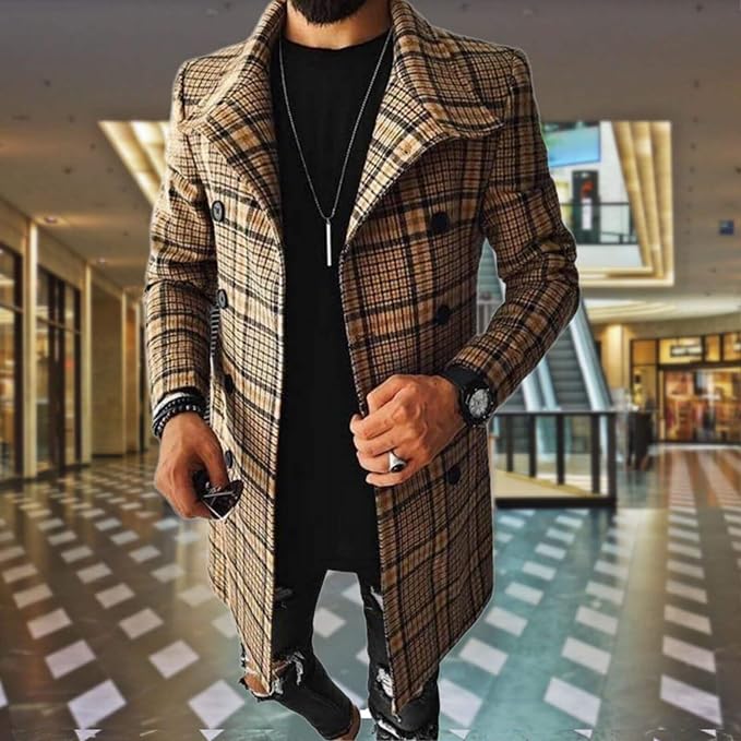 Men's Plaid Long Trench Coat Mid - Length Lapel Collar Button Down Warm Overcoat for Winter & Autumn Fashion