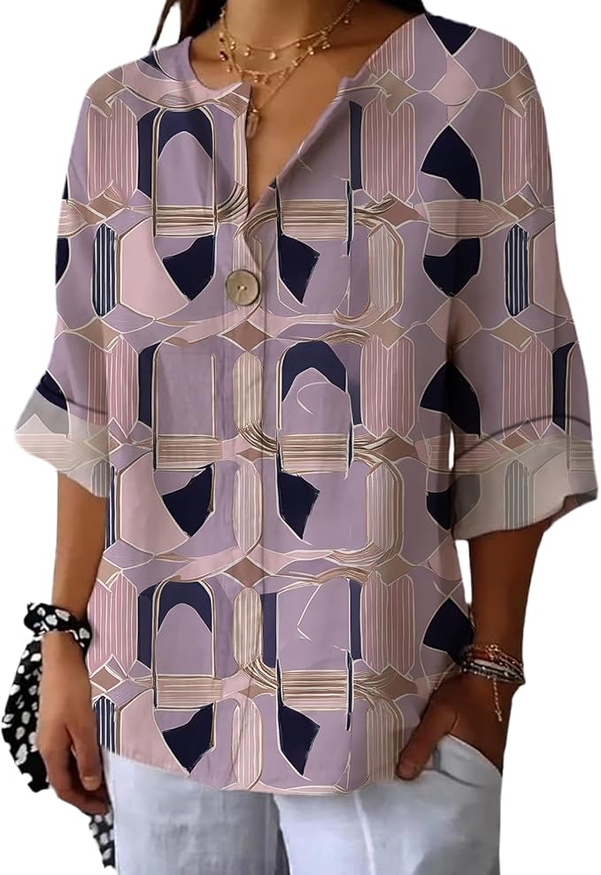 Fashion Shirts for Women Loose Fit Button Down V Neck Blouse 3/4 Sleeves Casual Tunic Tops Summer Outfits
