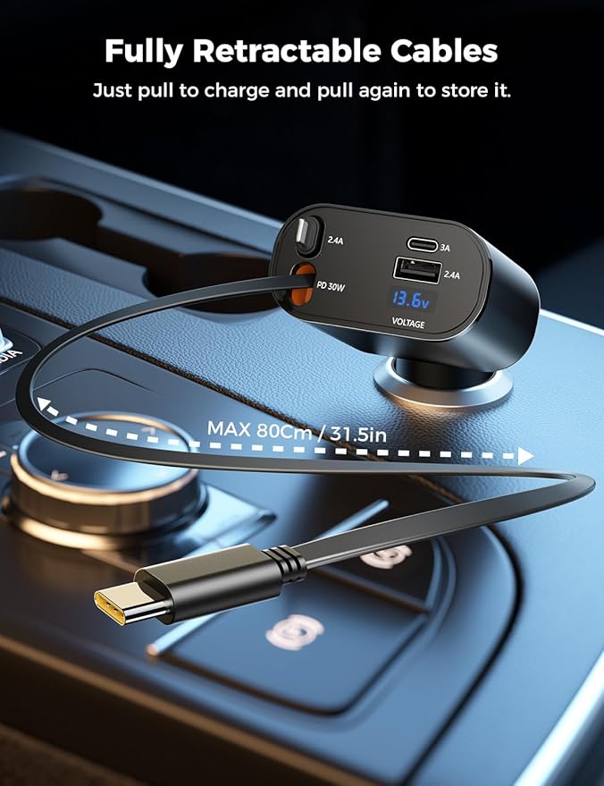 【Upgraded】 SUPERONE Retractable Car Charger 4 in 1, Fast Car Phone Charger with Cord 2.6ft, USB C and Apple Car Adapter, Compatible with iPhone 17 16 15/15 Pro Max/14/13/12/11, Galaxy, Pixel