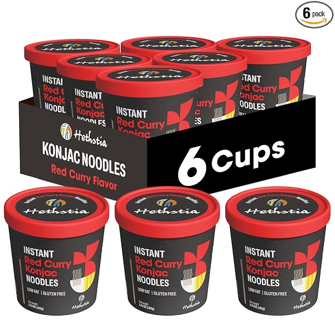 Hethstia Konjac Noodles Red Curry Soup Cups – 6-Pack Shirataki Angel Hair Pasta, Low Carb (4g), Instant Konjac Spicy Red Curry Broth, Gluten-Free, Low Sugar, Low Fat, Healthy Asian Ramen