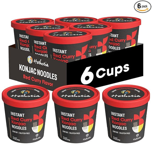 Hethstia Konjac Noodles Red Curry Soup Cups – 6-Pack Shirataki Angel Hair Pasta, Low Carb (4g), Instant Konjac Spicy Red Curry Broth, Gluten-Free, Low Sugar, Low Fat, Healthy Asian Ramen